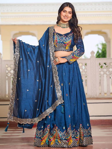 Awesome Blue Sequins Embroidered Reception Wear Lehenga Choli